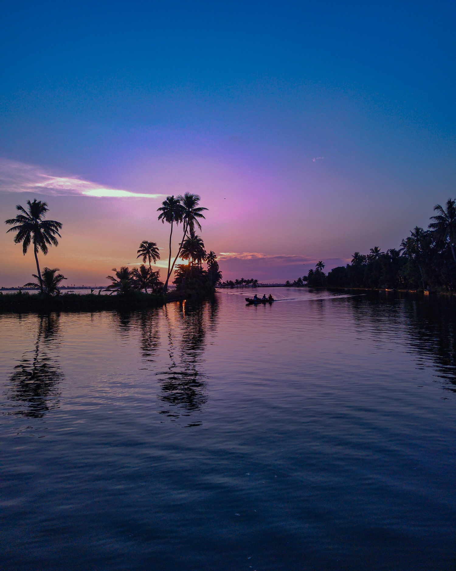 Sonnenuntergang in den Backwaters von Kerala mit Palmen und traditionellem Hausboot – idyllische Wasserlandschaft in Kerala, Indien, eines der schönsten Reiseziele.